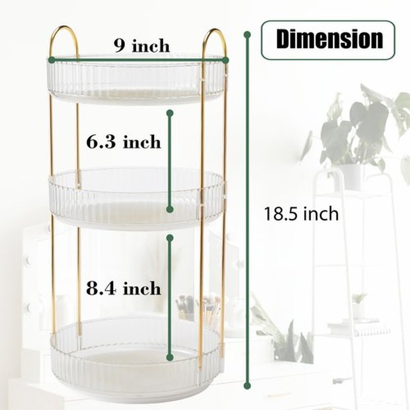 Zufudo Rotating Makeup Organizer 3 Tier Lazy Susan Trays Skincare Perfume Organizer for Bathroom Counter Vanity, Transparent