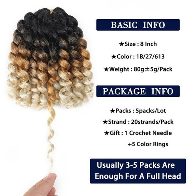 8 Inch Ombre Crochet Ringlet Twist Hair Extension (5PCS, 1B/27/613) - Wand Curl, Jamaican Bounce Colored Braids