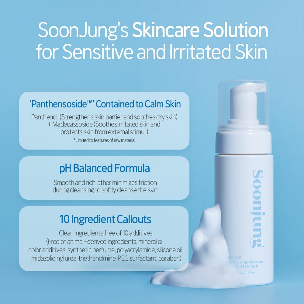 ETUDE SoonJung pH 6.5 Whip Cleanser 5.06 fl.oz | Non Comedogenic & Hypoallergenic Soft Bubble Hydrating Facial Cleanser for Sensitive Skin | Low-pH Korean Face Wash | K-Beauty (5.06 fl oz)