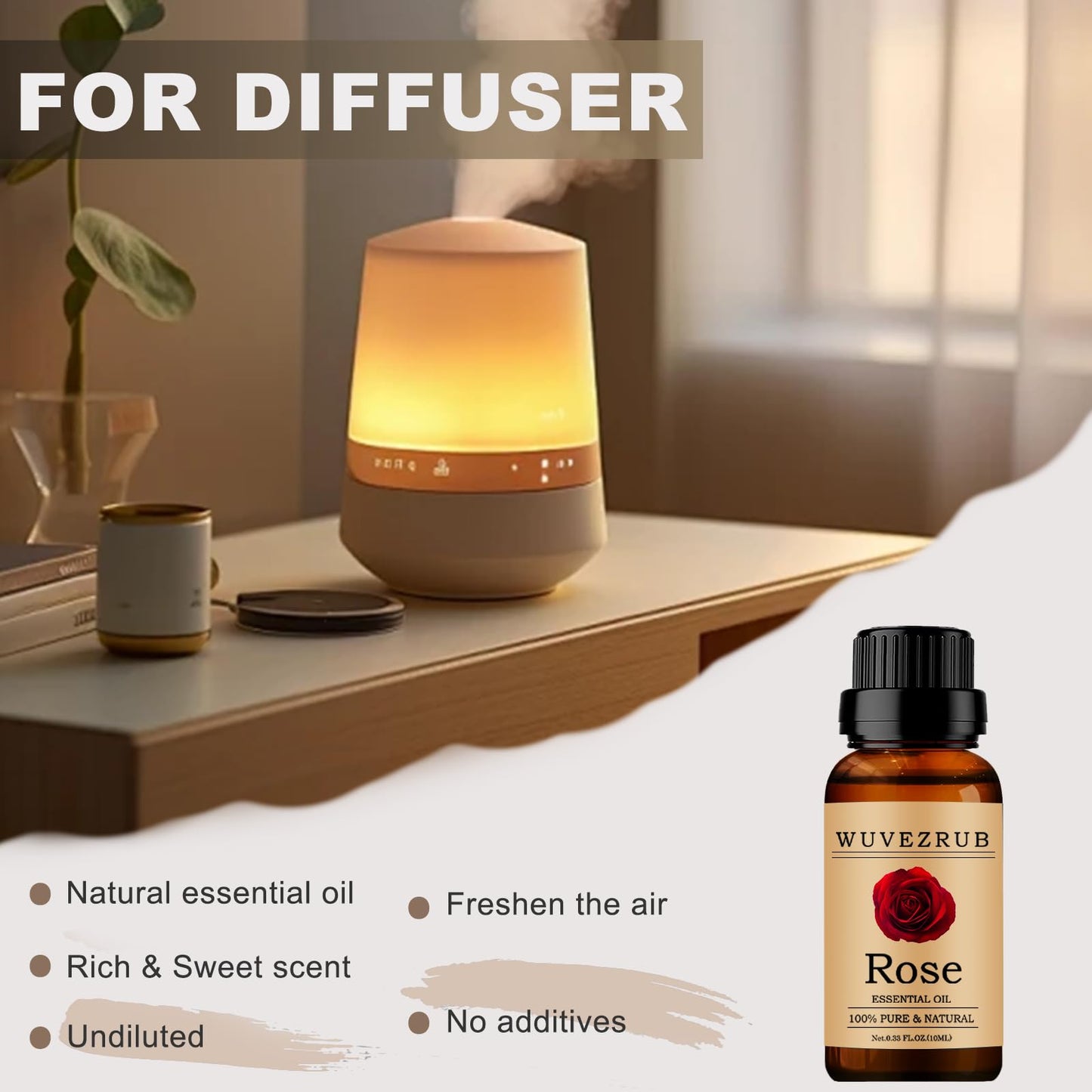 Wuvezrub Rose Essential Oils 10ML, 100% Pure and Natural Essential Oil for Aromatherapy Diffuser - 0.33 Fl Oz/Rose