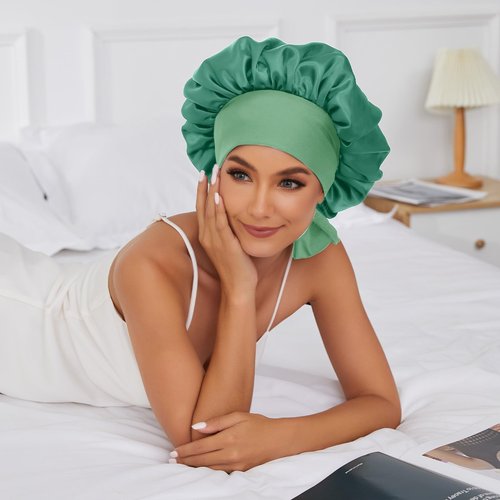 Satin Silk Bonnet Hair Bonnet for Sleeping Jumbo Sleep Cap, Bonnet for Women Curly Hair, Double Layer Bonnet with Tie Band, Shower Cap