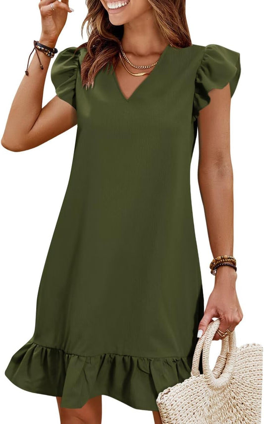 Spring Summer Dresses for Women - V Neck Cap Sleeve Ruffle Hem Casual Beach Dress | 2026 Collection