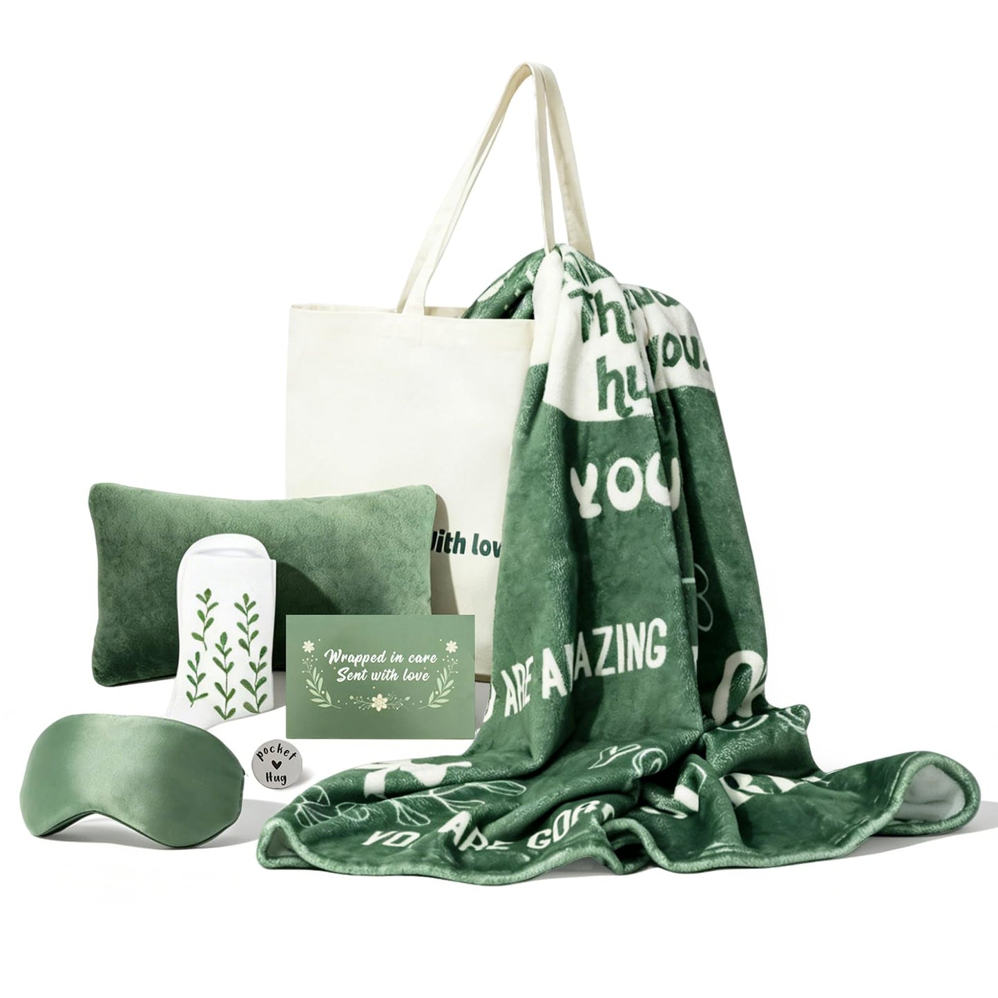 RoamReady Get Well Soon Gift Baskets for Women, Thinking of You, Cancer Care Gifts for Family Friends Sister, 8pcs Care Package With Small Pillow for Travel, Hug Blanket, Pocket Hug Token, Canvas Bag