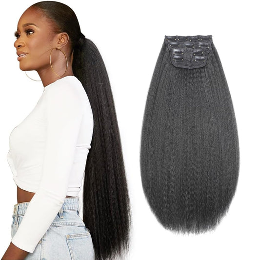 28inch Kinky Straight Clip ins Hair Extensions for Black Women 200g/Pack Full Head Yaki Kinky Straight Synthetic Hair Clip ins Hair Natural Black 4Pcs 11 Clips