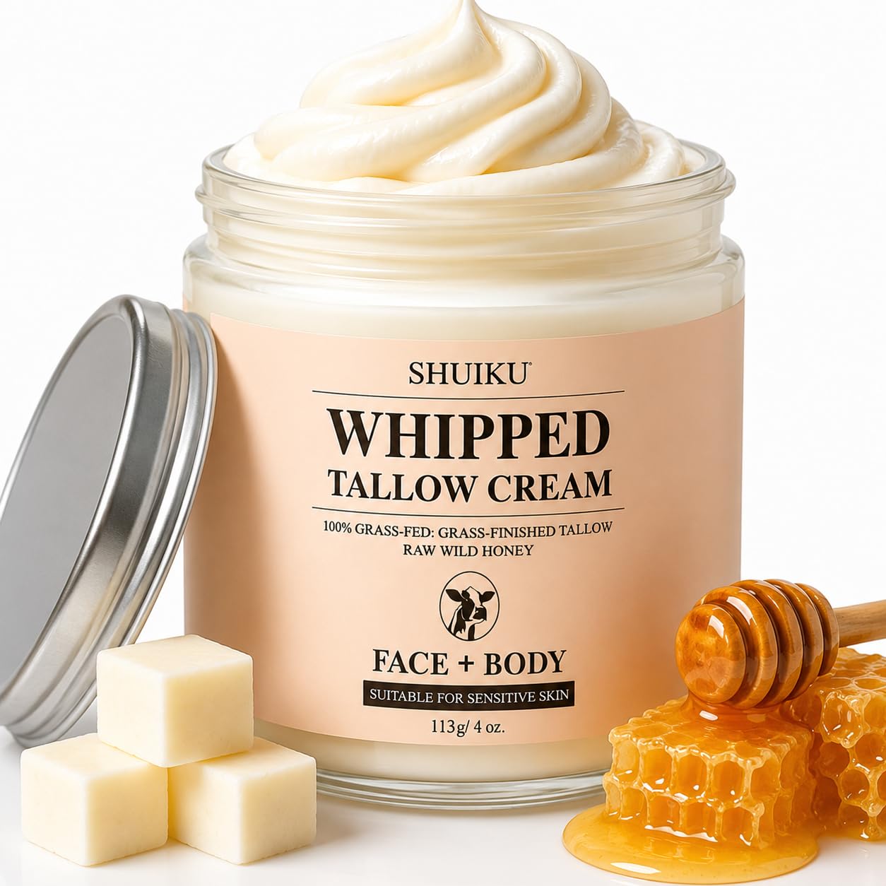 SHUIKU Beef Tallow for Skin – Organic Beef Tallow Balm & Whipped Tallow Moisturizer | Natural Tallow Face & Body Cream, Honey Balm for Nourishing Skincare