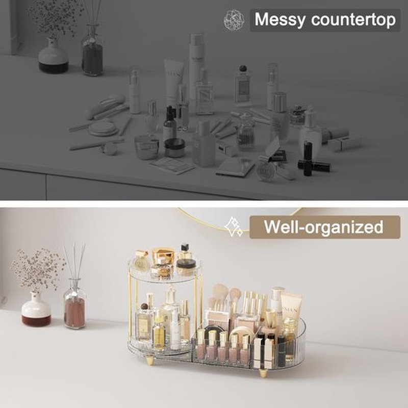 Lulltou Rotating Makeup Organizer Countertop with Perfume Tray for Vanity, 2-in-1 Cosmetic Organizer and Storage Holder, Large Desk Makeup and Skincare Organizers for Counter Bathroom Dresser
