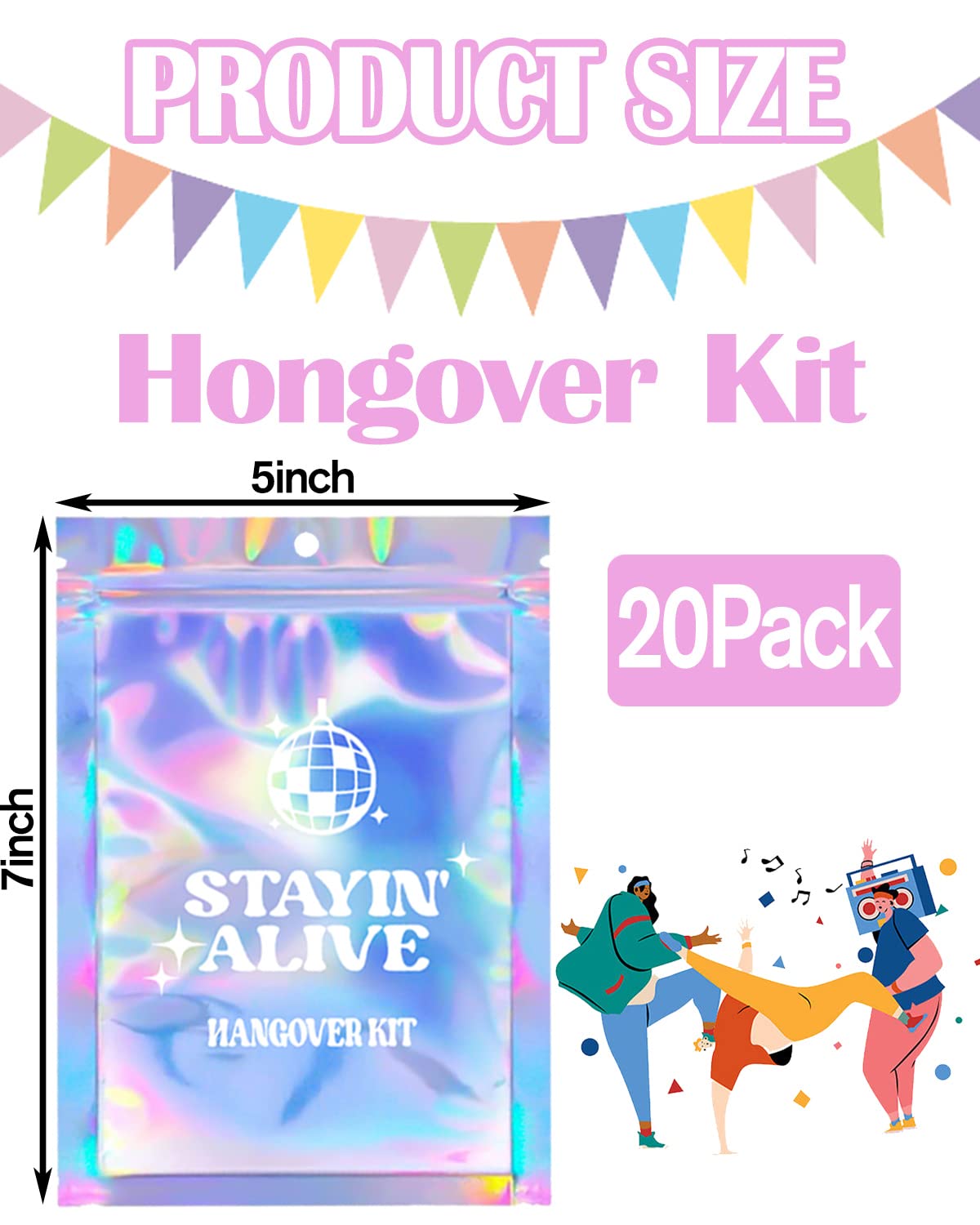 SILFGRLF Stayin' Alive Bachelorette Party Hangover Kits, Hangover Kit Bags – 20 Pcs Holographic Bags (5"x7") Bachelorette Party Supplies Last Disco Party Favors Printed