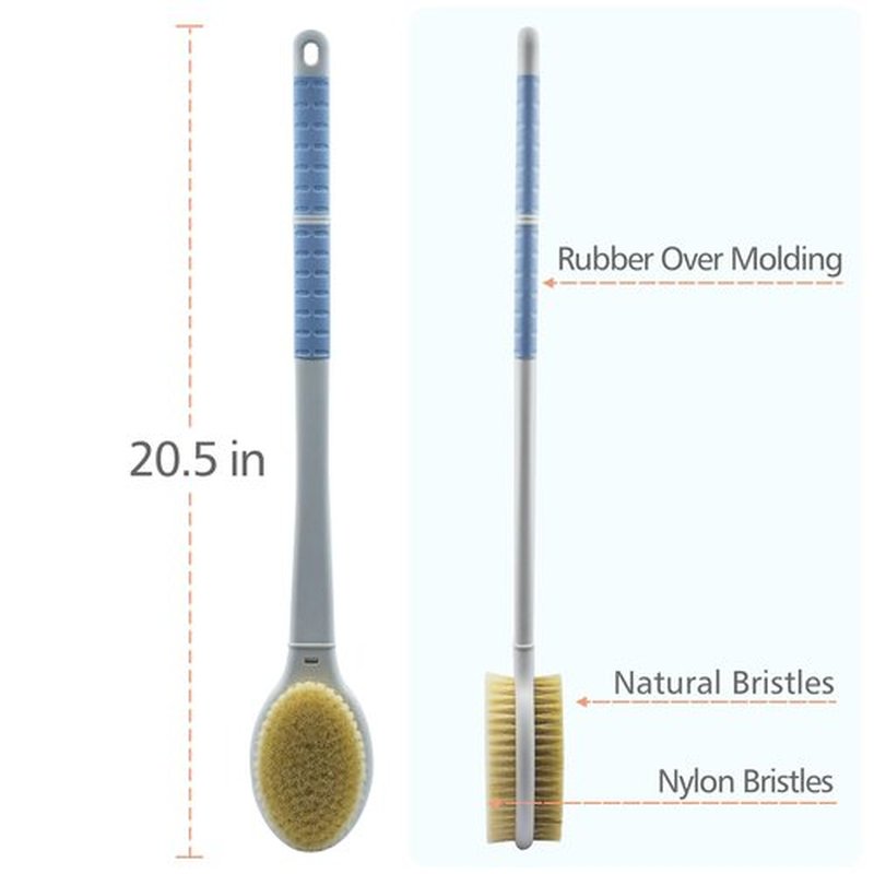 Shower Brush with Soft and Stiff Bristles,20.5" Extra Long Handle Dual-Sided Back Scrubber Bath Brush Body Exfoliator for Wet or Dry Brushing (Grey)(Super Long Handle)