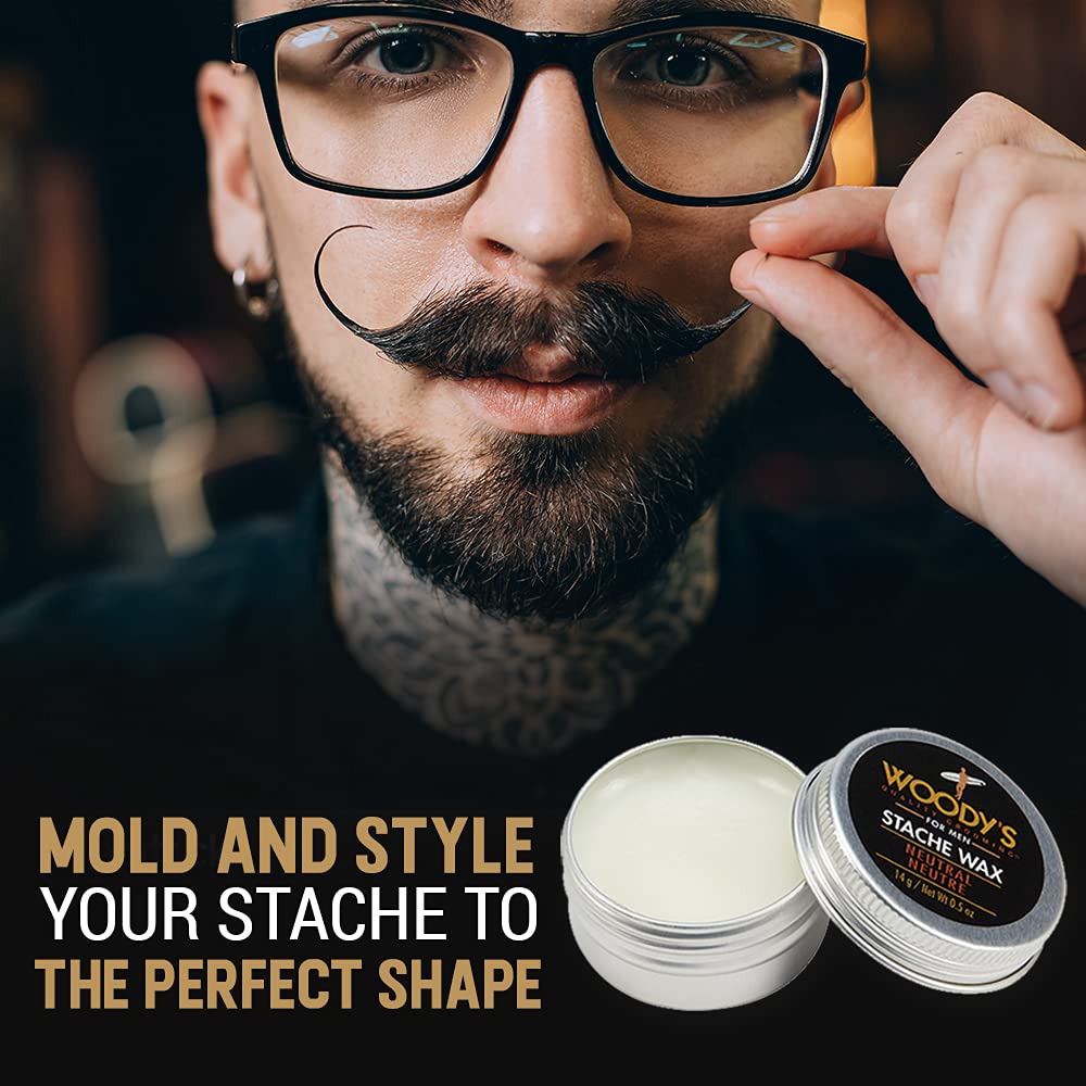 Woody's Mustache Wax - Strong Hold Stache Beard Styling Wax for Men, Tames Unruly Facial Hair, Neutral Finish, Non-Greasy, Long-Lasting Control, 0.5 oz