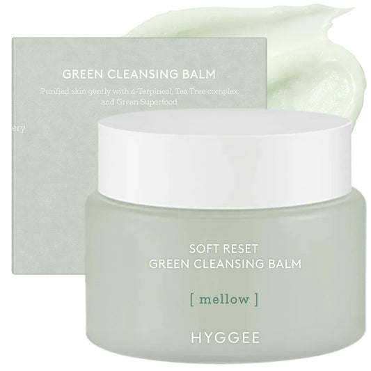 KSBC HYGGEE Soft Reset Green Cleansing Balm - Vegan Gentle Makeup Remover Sherbet Milky Oil Based Cleanser, Tea Tree Extract & Jojoba Oil, Hypoallergenic for Sensitive Skin, 3.38oz.