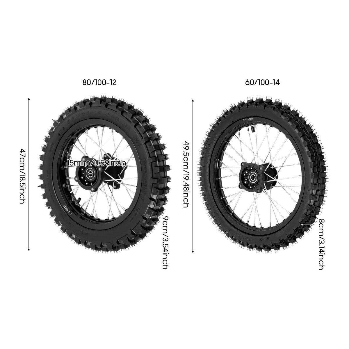 INPAITOO 14" / 12" Wheels Kit, 60/100-14 and 80/100-12 Wheel Tire and Rim Kit, Disc Brake Wheel Tires Rim With 15mm Bearing for Off Road Dirt Pit Bike