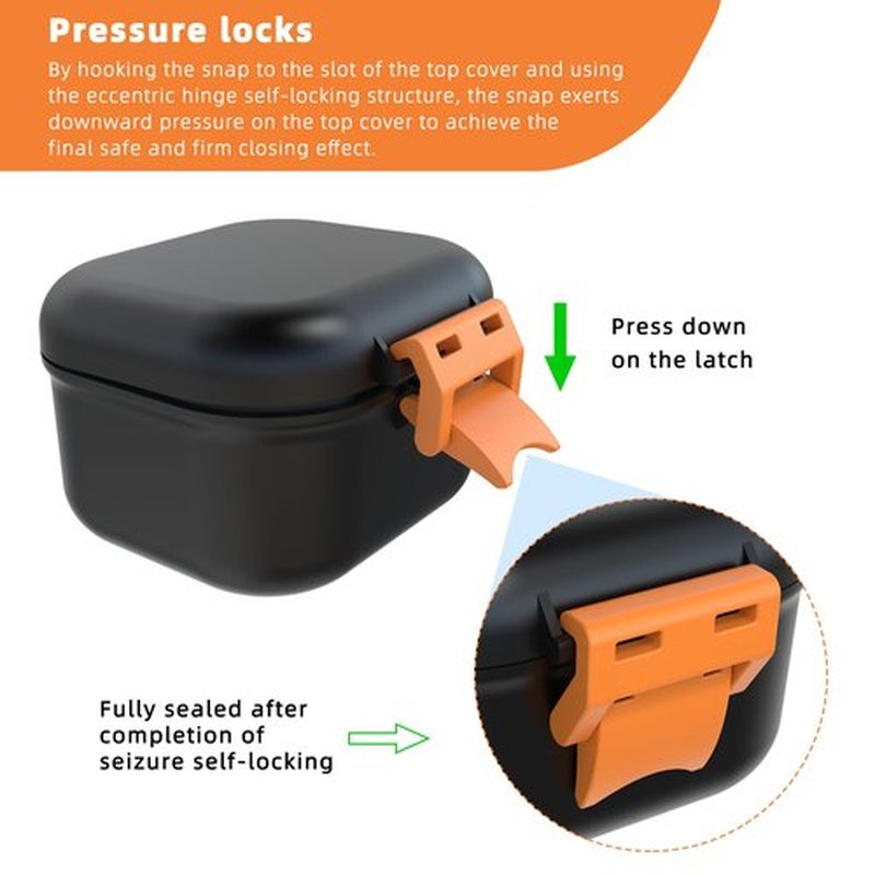 ARGOMAX Leak Proof Denture Bath Cup, Portable Soaking Denture Box, Denture Bath Case with Strainer, for Dentures and Braces (Black + Orange).