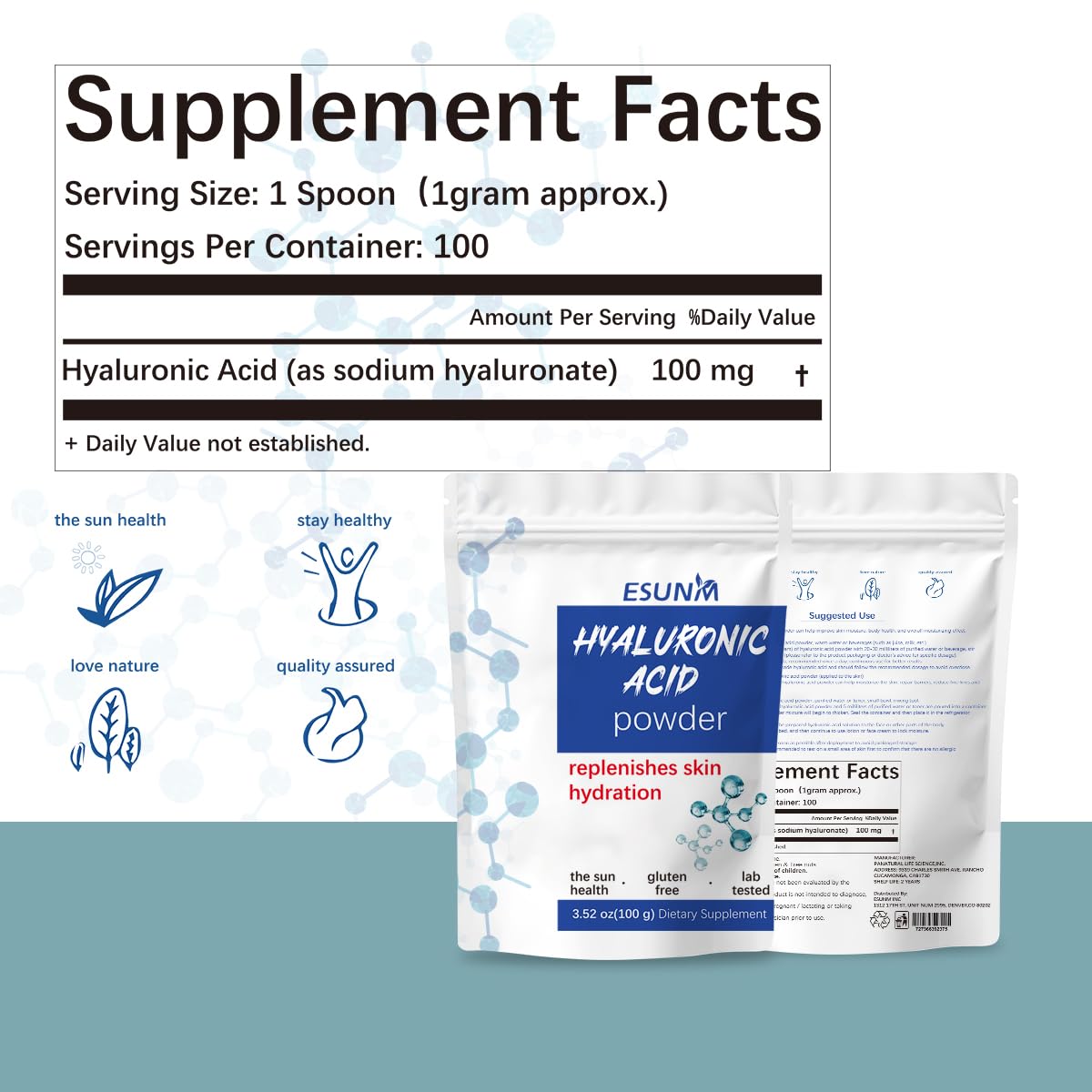 ESUNM Hyaluronic Acid Powder for Skin Care,Low Molecular Weight, Cosmetics Grade | Skin Hydration and Moisture Support Supplements,Water Soluble Moisturizing Ingredient for DIY Facial Serum 3.52 oz