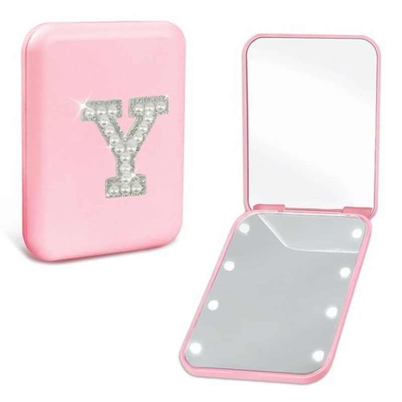 Aganmi Pink Travel Makeup Mirror with Lights Pearl Initial Letter 1X/2X Magnification LED Mini Pocket Mirror for Purse Cute 2-Sided Portable Compact Mirror Preppy Stuff Personalized Gifts (Y)