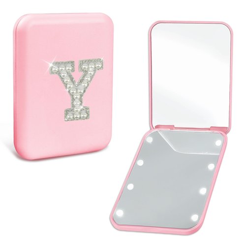 Aganmi Pink Travel Makeup Mirror with Lights Pearl Initial Letter 1X/2X Magnification LED Mini Pocket Mirror for Purse Cute 2-Sided Portable Compact Mirror Preppy Stuff Personalized Gifts (Y)