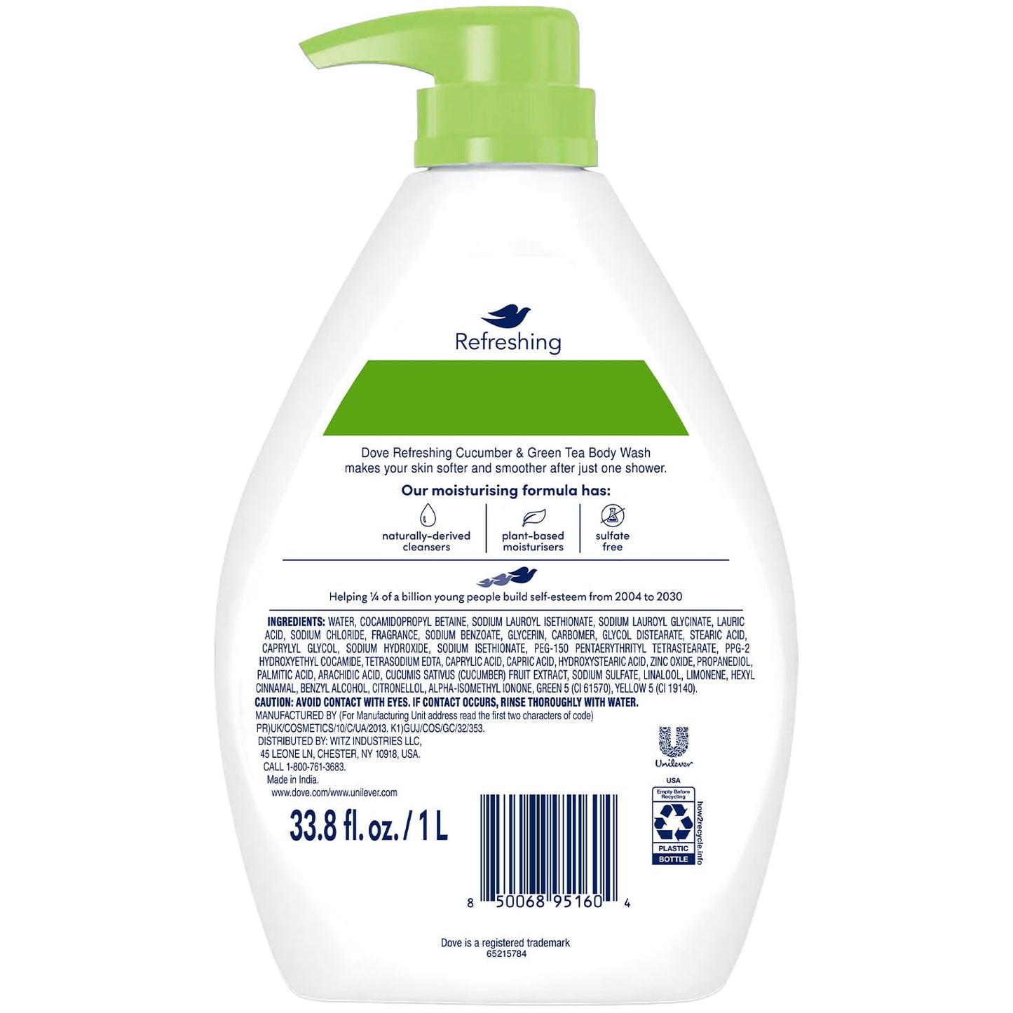 Dove Body Wash, Refreshing Cucumber & Green Tea, Value Size 4-Pack – Moisturizing Shower Soap Liquid for Softer, Smoother Skin, 33.8 Oz Ea
