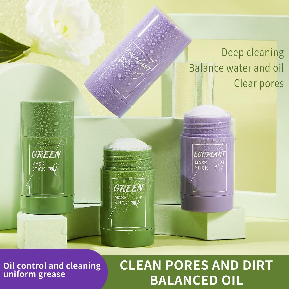 Porcolle 2 Pcs Green Tea Mask Stick for Face,10 Minutes Blackhead Remover with Green Tea Extract, Moisturizing Face mask, Green Mask Stick for Face Moisturizing