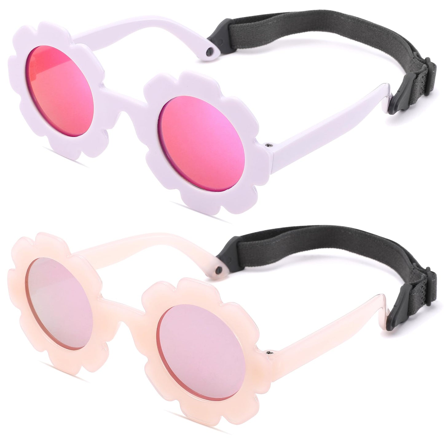 NULOOQ Polarized Baby Sunglasses with Strap – Flexible Flower Shaped Sunglasses for Toddler & Infant Age 0-24 Months (Jelly Pink/Pink + Light Purple/Purple Red) - 2 Pack