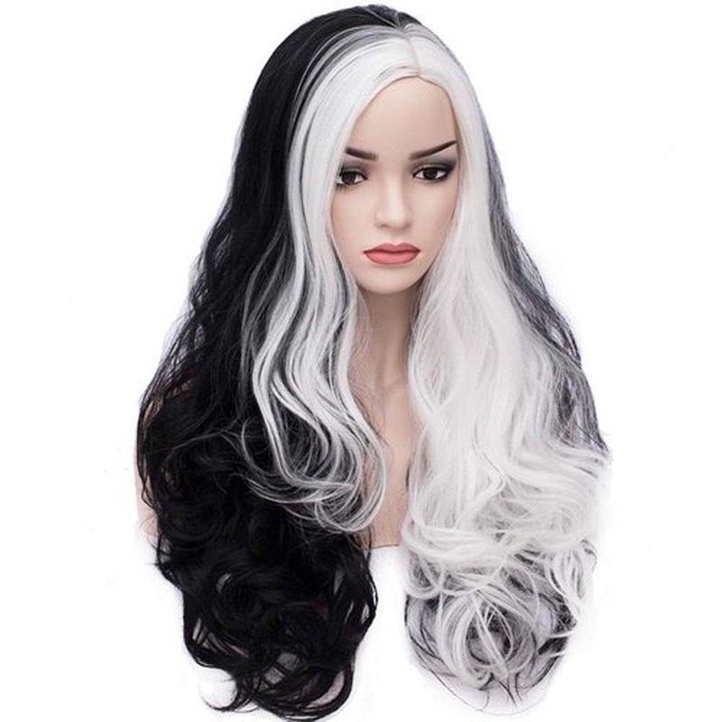 BERON 27 Inches Black White Wig Long Curly Wig Women Girls Charming Full Wig Long Wavy Wig Black White Split Wig for Cosplay Party Wig Cap Included