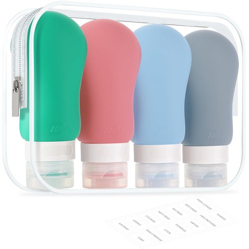 Travel Bottles for Toiletries, Tsa Approved 3oz Travel Size Containers BPA Free Leak Proof Refillable Liquid Silicone Squeezable Travel Accessories for Shampoo Conditioner Lotion (4 Pack)