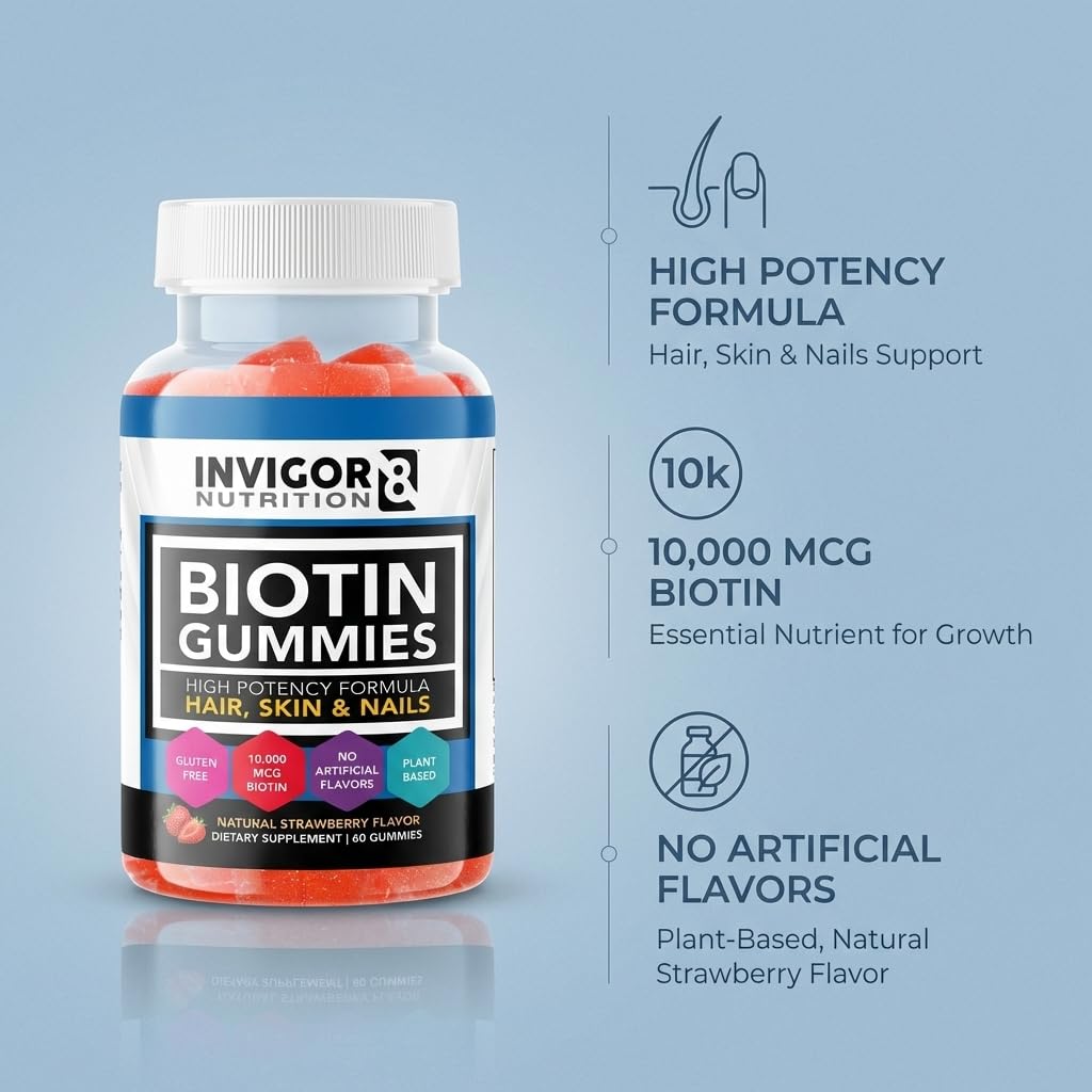 INVIGOR8 Biotin Gummies 10000mcg | Hair Skin Nails Vitamins Biotin Supplement for Women Men & Kids 5000mcg x2 | Vegan Kosher Halal | Strawberry Flavor | 60