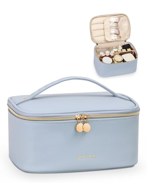Prite Makeup Bag, Large Capacity Portable Travel Cosmetic Bag, Waterproof Makeup Organizer for Women with Handle and Divider(Blue)