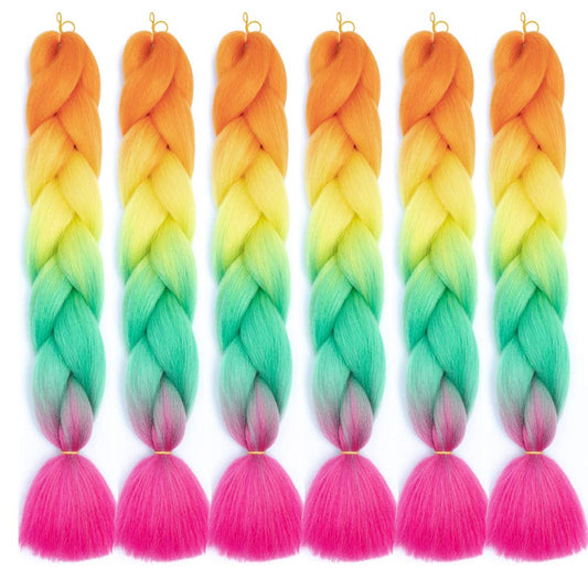 SHUOHAN 6 Packs Ombre Jumbo Braiding Hair Extensions 24 Inch High Temperature Synthetic Fiber Hair Extensions for Box Braids Braiding Hair (Orange to Yellow to Green to Rose)