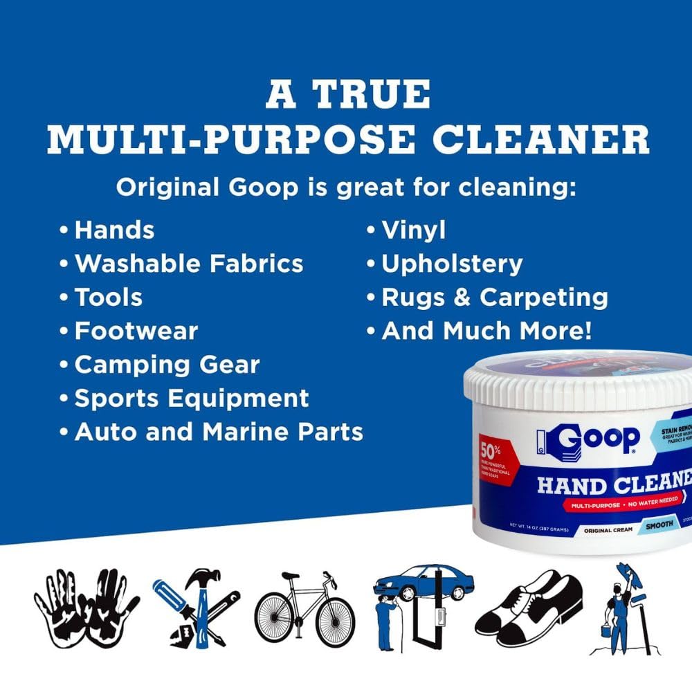 GOOP Multi-Purpose Hand Cleaner- Waterless Hand Degreaser, Laundry Stain Remover - NonToxic and Biodegradable Cleaner Remove Dirt, Oil, Paint, Ink, and Clothes Stains Original, 14oz Pack of 1