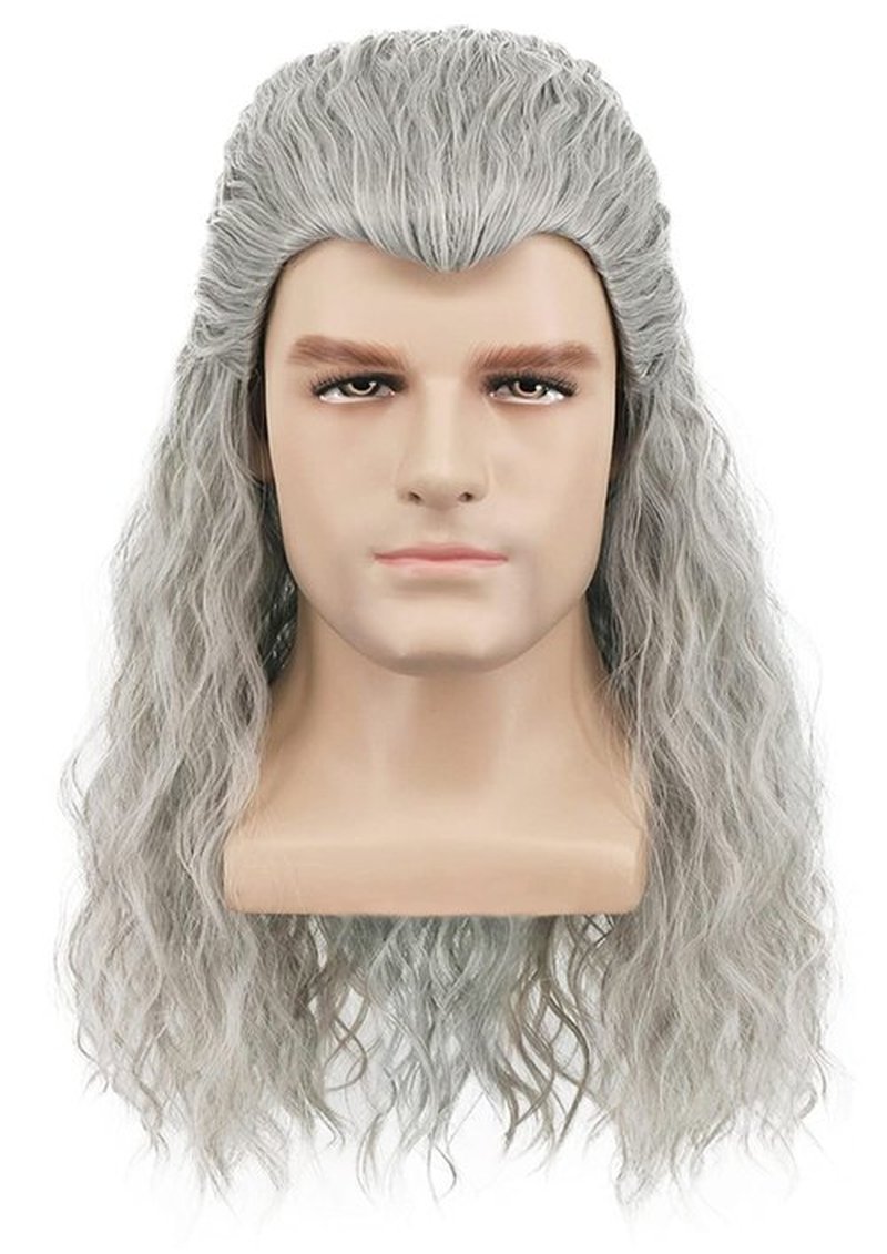 yuehong Men Long Gray Wavy Cosplay Wig Halloween Curly Hair Party Wig Heat Resistant Anime Wigs