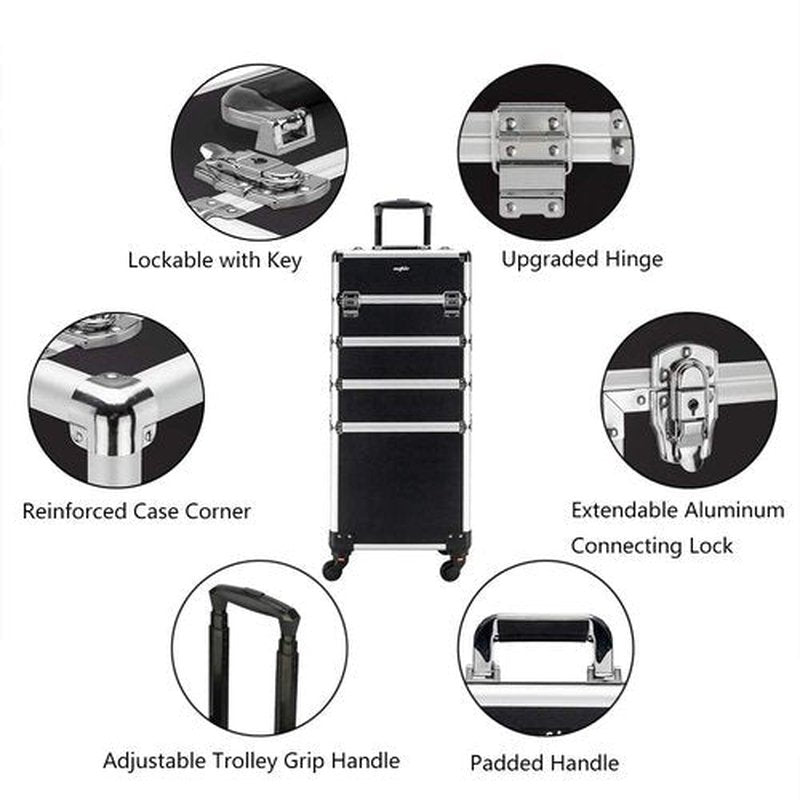 mefeir 4 in 1 Rolling Makeup Train Case, Aluminum Makeup Travel Organizer Cosmetic Case, Cosmetology Display Suitcase on Wheels, Beauty Storage Luggage Lockable w/4 Removable Wheels (Black)