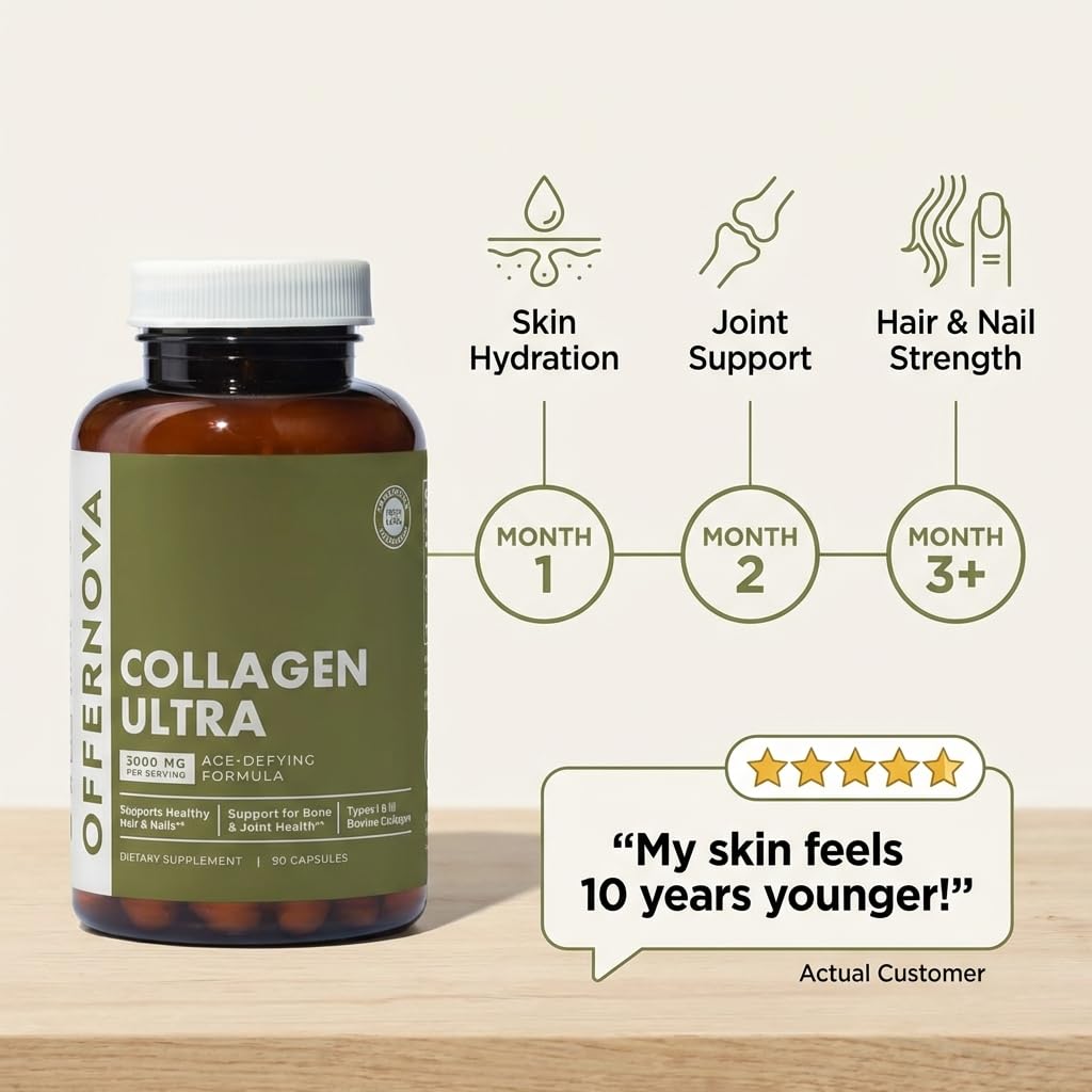 Offernova Collagen Ultra Hydrolyzed Collagen Supplements - 3000mg Anti Aging Bovine Collagen Peptides for Healthy Joints, Bones, Hair and Skin. Pastilla de Colageno Hidrolizado, 90 Capsules