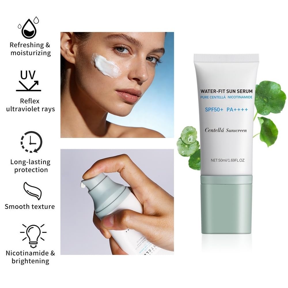 2Pcs Centella Sunscreen, Lightweight Hydrating Centella SPF50+ Water-Fit Sun Serum for All Skin Type and UV Defense