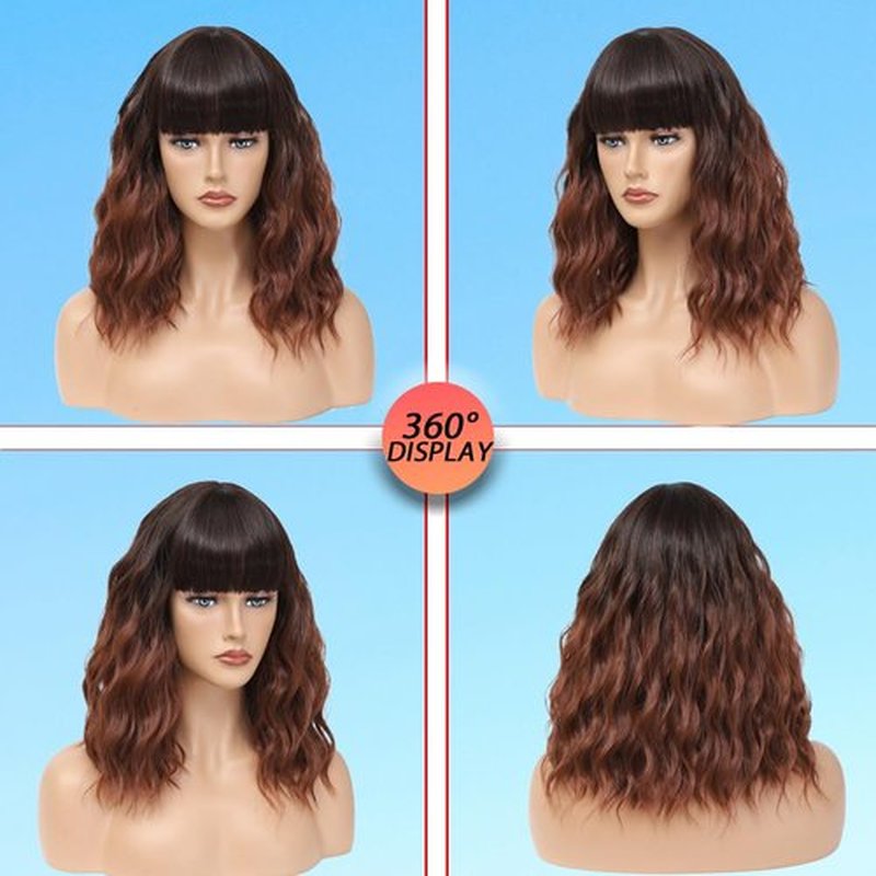 Short Wavy Auburn Wig with Bangs 14inch Ombre Auburn Wigs for Women Short Curly Bob Wigs Synthetic Natural Looking Hair Replacement Wigs Costume Cosplay Halloween Wig(14'' Ombre Auburn)