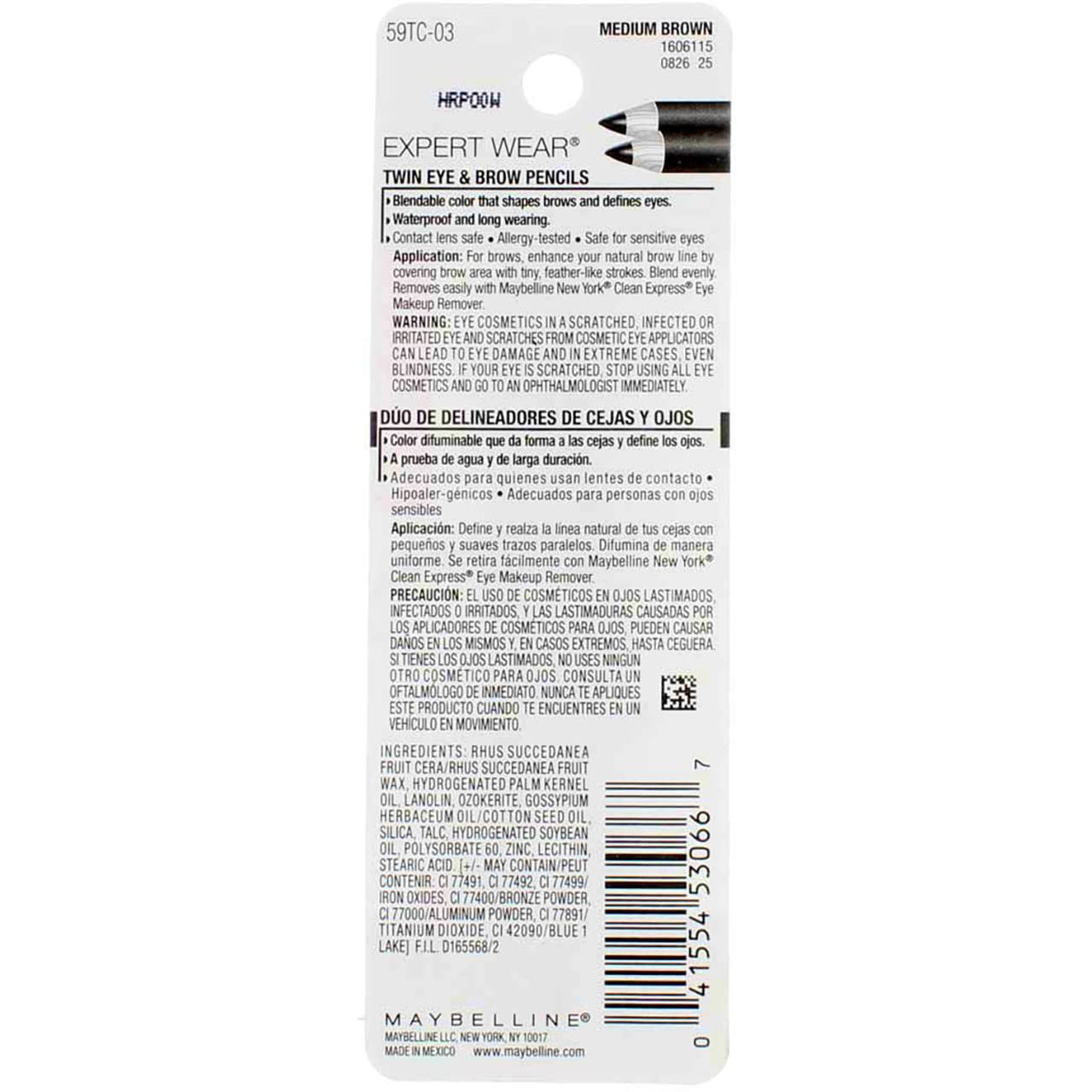 Maybelline Expert Eyes Twin Brow & Eye Pencil, Dark Brown [102], 0.06 oz (Pack of 6)