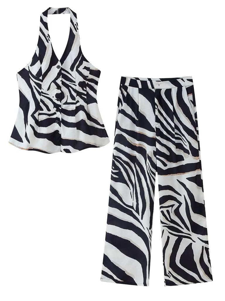 ZUAVIALA 2 Piece Outfits for Women Pants Sets Zebra Print Halter Vest Top and Wide Leg Pants Dailywear Summer Vacation Sets