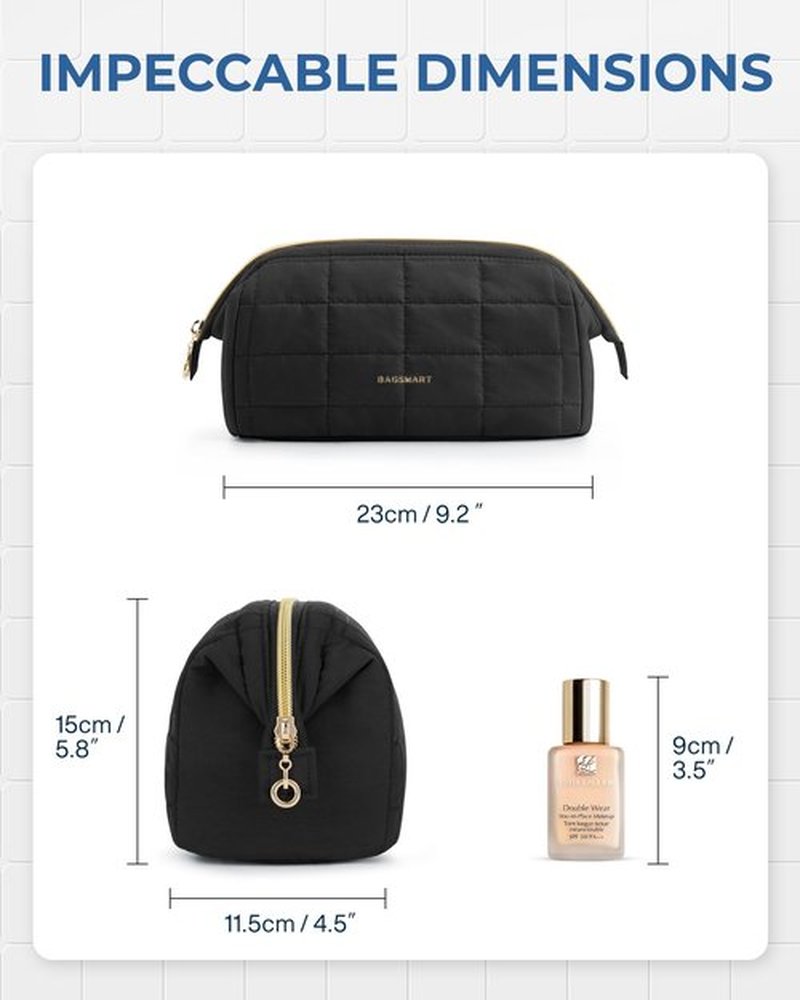 BAGSMART Makeup Bag Travel Toiletry Bag, Puffy Padded Make Up Bags for Women Makeup Organizer Case, Wide-open Pouch Purse Travel Essentials Toiletries Accessories Brushes, Black