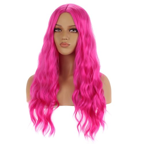 BERON Hot Pink Wig Long Curly Wig Hot Pink Wigs Long Wavy Wig Rose Pink Wigs for Women Synthetic Wig for Daily Party
