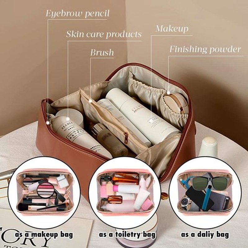 MINGRI Large Capacity Travel Cosmetic Bag for Women,Portable PU Leather Makeup Bag Water Resistant,Flat Open Multifunctional Storage Travel Toiletry Bag with Divider and Handle (Mocha Brown)