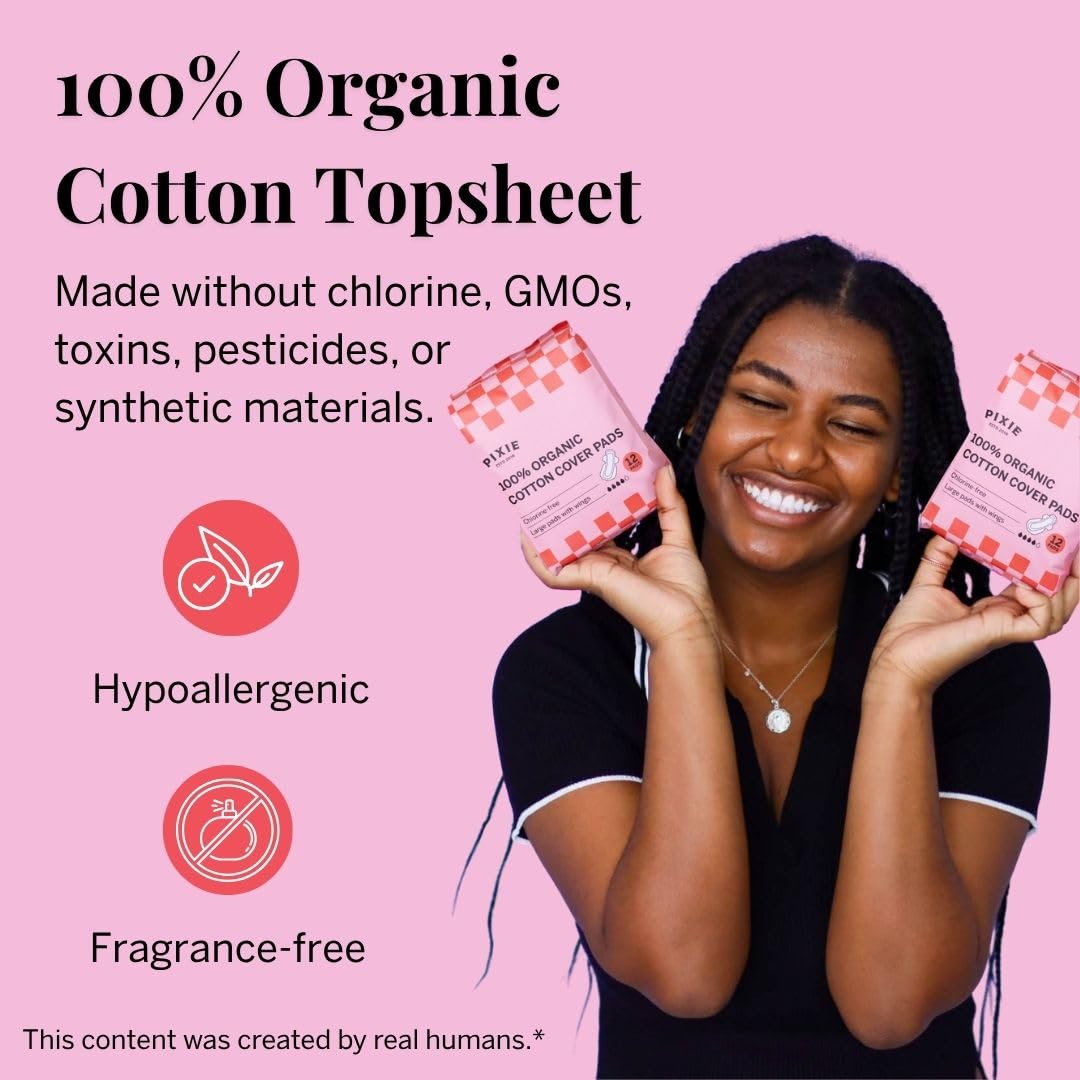Pixie Organic Cotton Ultra Thin Regular Long Pads with Wings – Comfortable, Leak-Proof Protection for Everyday Flow – Hypoallergenic, Unscented, Soft & Breathable – Eco-Friendly, 12 Count