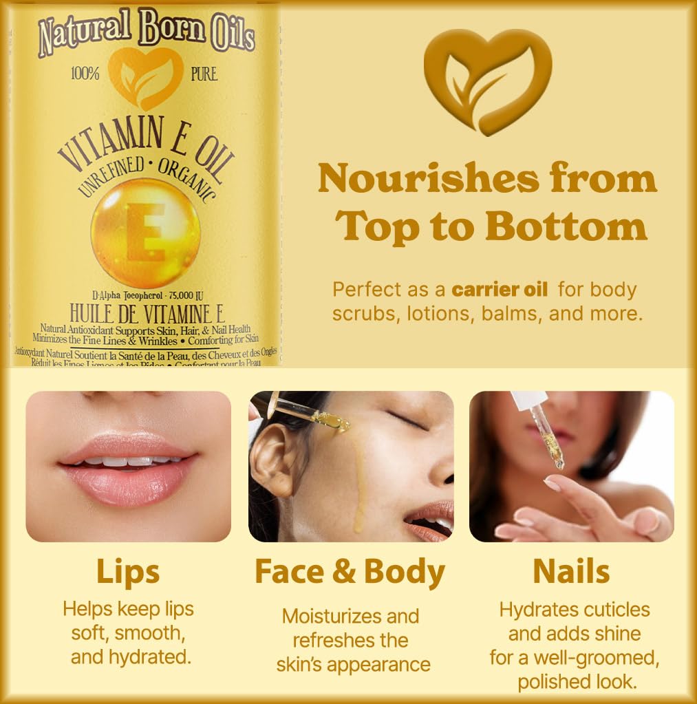 Natural Born Oils Natural Vitamin E Oil, 8oz, Organic, Cold-Pressed, Rich in Alpha-Tocopherol, Ideal for Moisturizing Skin, Strengthening Hair