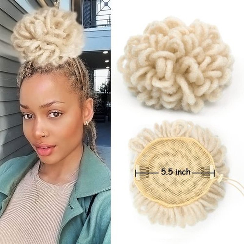 Blonde Braided Locs Ponytail Afro Locs Bun Drawstring Dreadlock Hairpiece for Black Women Puff Chignon Faux Locs Synthetic Clip in on Hair Extensions(613#)