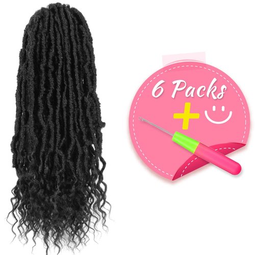 SERENDIPA Boho Faux Locs Curly End, 18 Inch Long Pre-Looped Soft Crochet Goddess Locs Synthetic Hair (6 Packs, 1#, Black)