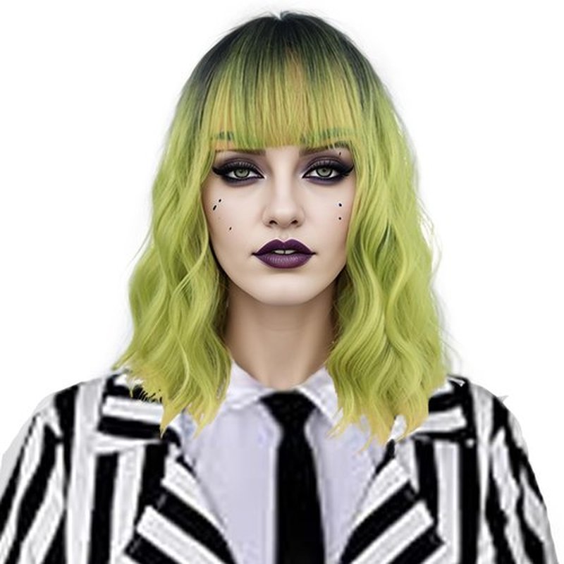 MAGQOO Green Wig for Women Girls Matcha Green Wig Short Curly Wavy Ombre Green Wig with Bangs Synthetic Heat Resistant Halloween Cosplay Costume
