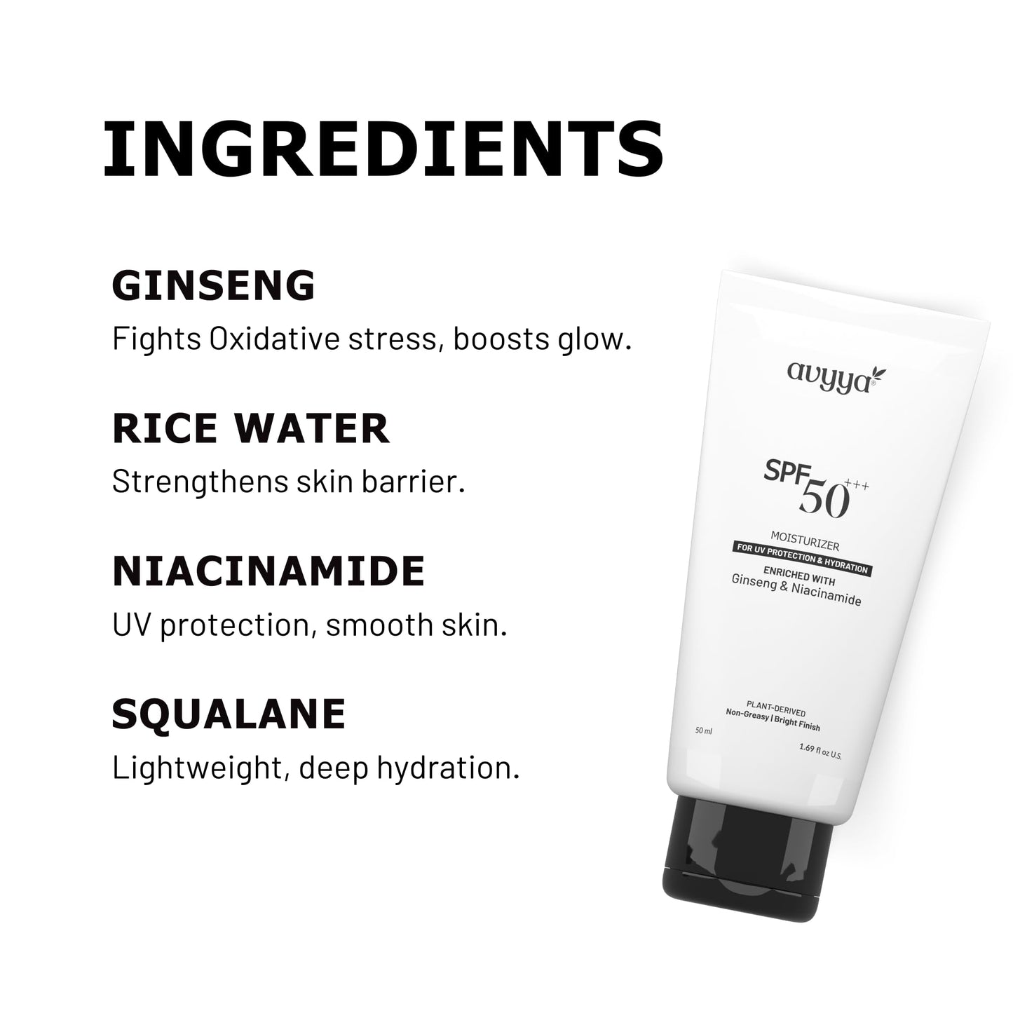 Avyya SPF 50+++ Moisturizer with Ginseng and Niacinamide for UV Protection and Hydration | Lightweight, Non-Greasy, No White Cast, Bright Finish (1.01 Fl Oz)