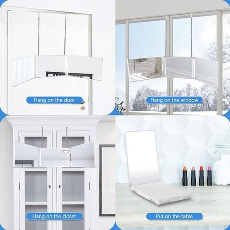 HIEEY 3 Way Mirror for Hair Cutting with LED,360 Trifold Mirror with Height Adjustable Telescoping Hooks,and 5X Magnification Mirror,for Makeup, Hair Styling (White)