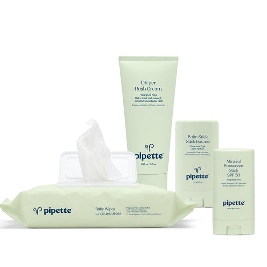 Baby Travel Essentials Set | Mineral Water-Resistant Sunscreen SPF 50, Fragrance-Free Balm & Wipes
