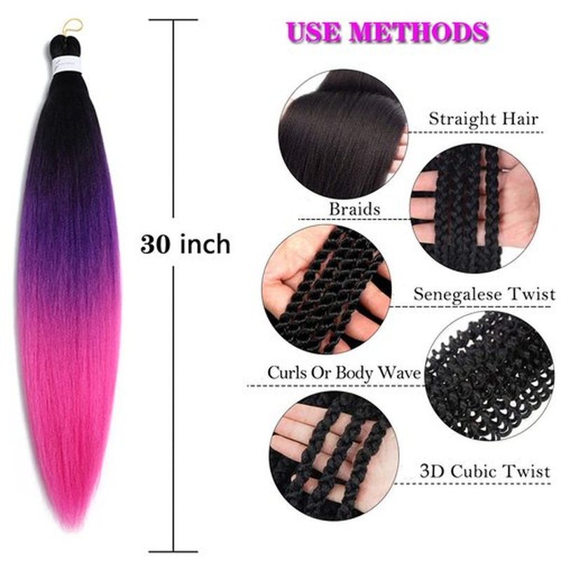 Pre Stretched Braiding Hair Extensions 30 Inch 6 Packs Long Professional Crochet Twist Braids Hair High Temperature Synthetic Fiber Yaki Texture(30",black-purple-rose red)