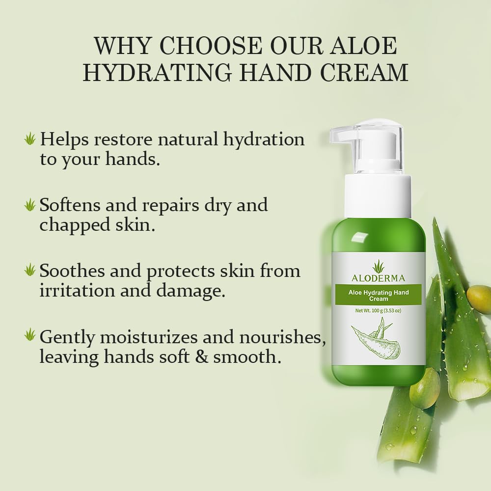 Aloderma Aloe Hydrating Hand Cream, 3.5oz Travel Size - Non-Greasy Gentle Hand Cream for Dry, Cracked Hands, Lightweight Lotion Made with Fresh Organic Aloe Vera and Shea Butter for Soft Hands