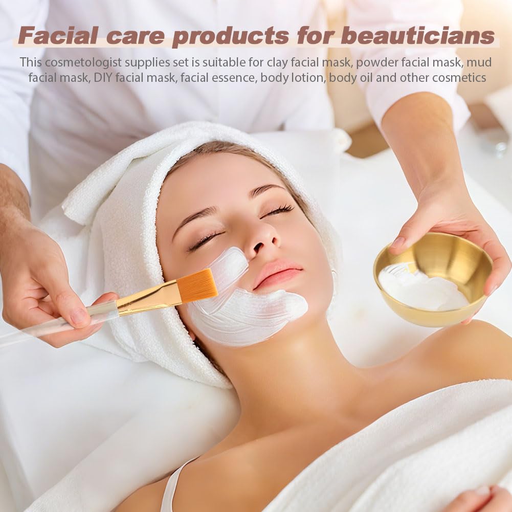 23Pcs Esthetician Supplies for Facials Set, 3 Gold Mixing Bowls Serving Tray 3- Compartment Serving Tray 3- Facial Fan Brushes 3-- Flat Brushes, 12 Facial Sponge Compressed Round
