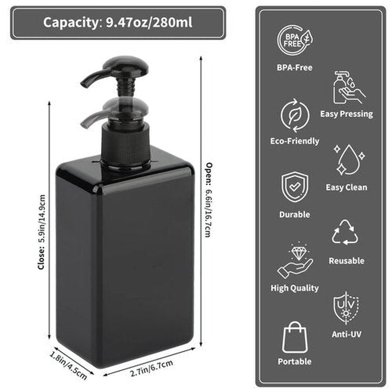 Segbeauty Shampoo Conditioner Dispenser Small, 4 Pack 9.5oz Plastic Square Pump Bottles with Labels, 280ml Refillable Bathroom Soap Dispenser Empty Lotion Liquid Container Travel Cosmetic Bottle Black
